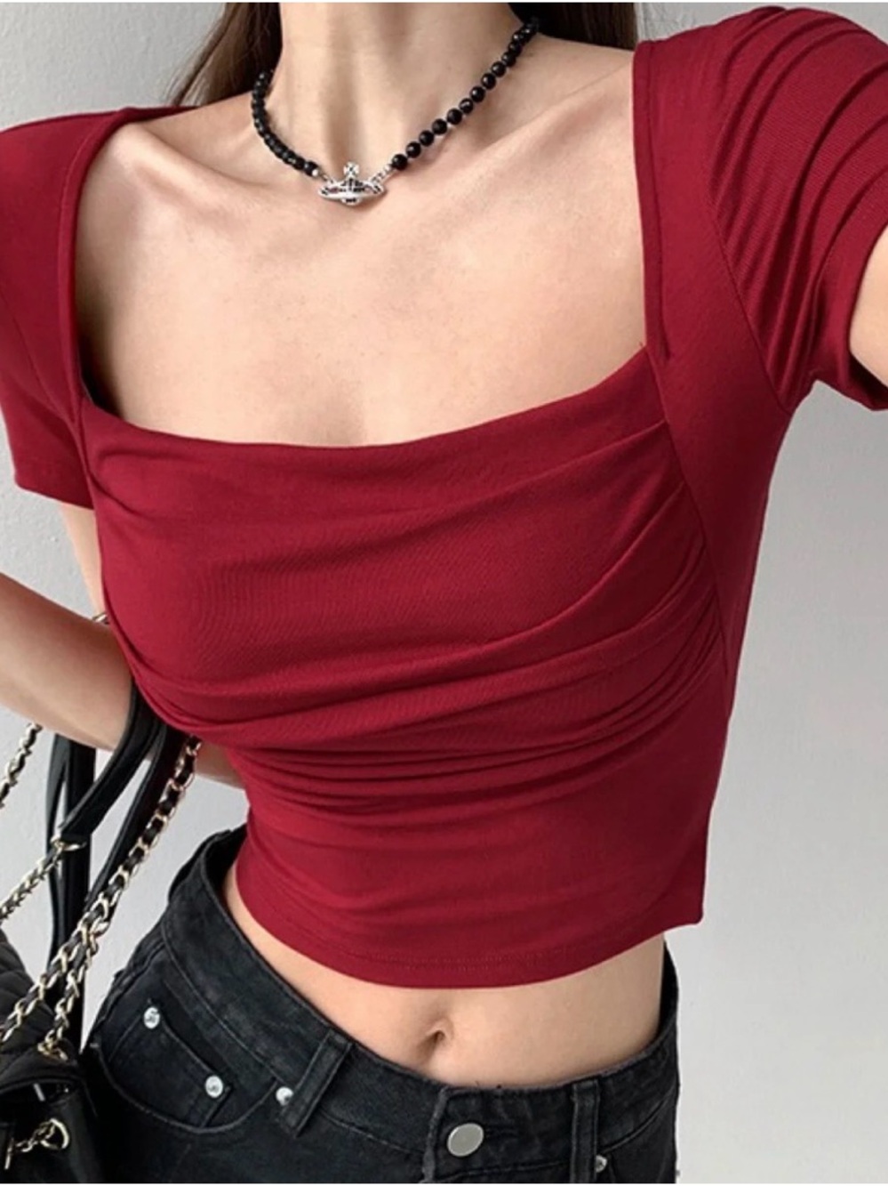 Square Neck Ruched Crop Top in Deep Red